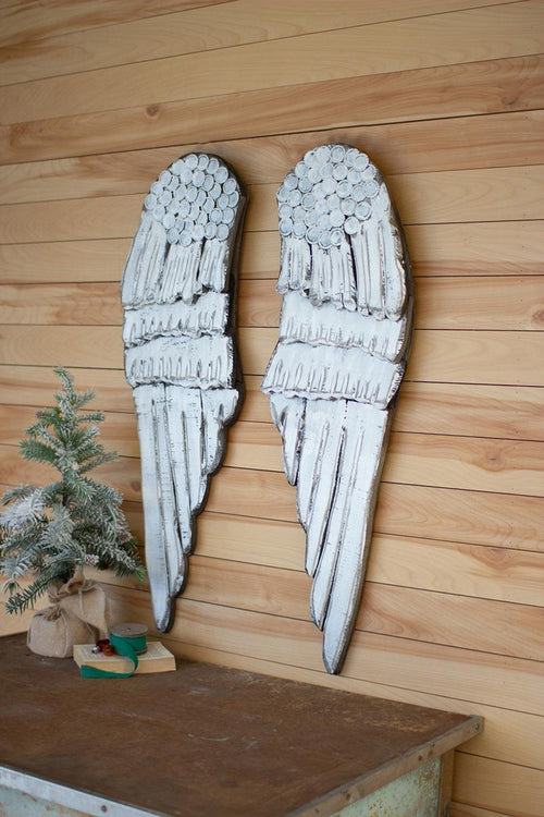 SET OF TWO WHITE PAINTED WOODEN ANGEL WINGS