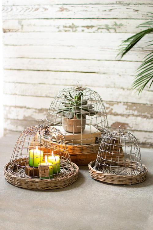 SET OF THREE WIRE CLOCHES WITH WICKER BASES