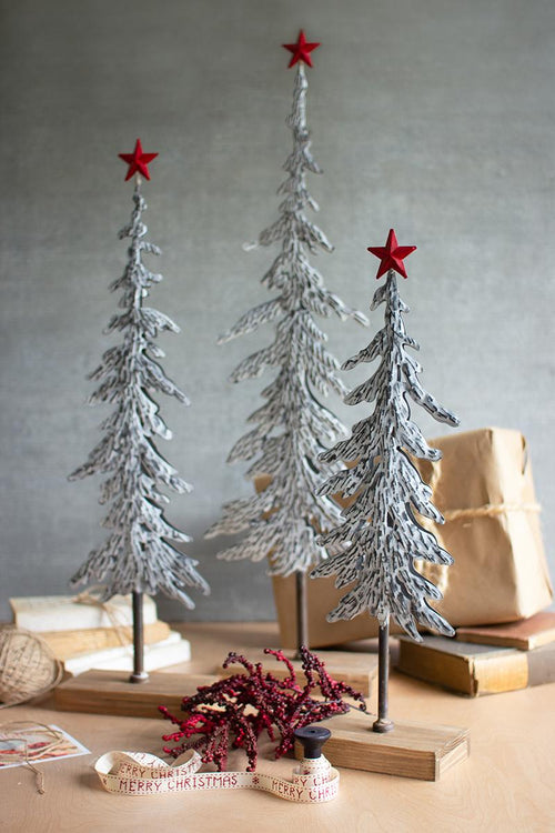 SET OF THREE METAL CHRISTMAS TREES ON WOODEN BASES