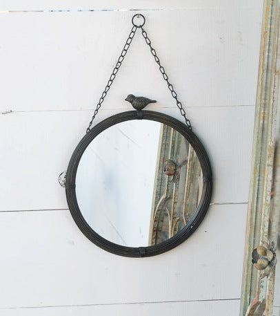 Hanging 11'' Round Mirror  With Bird Detail