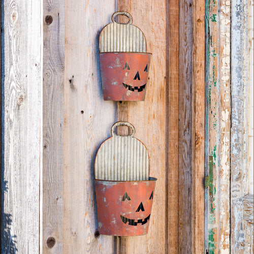 Painted Tin Pumpkin Face Wall Buckets Set of 2