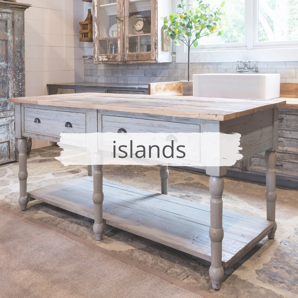 RUSTIC KITCHEN ISLAND WITH DISTRESSED GRAY PAINTED FINISH AND TWO DRAWERS WITH LOWER SHELF