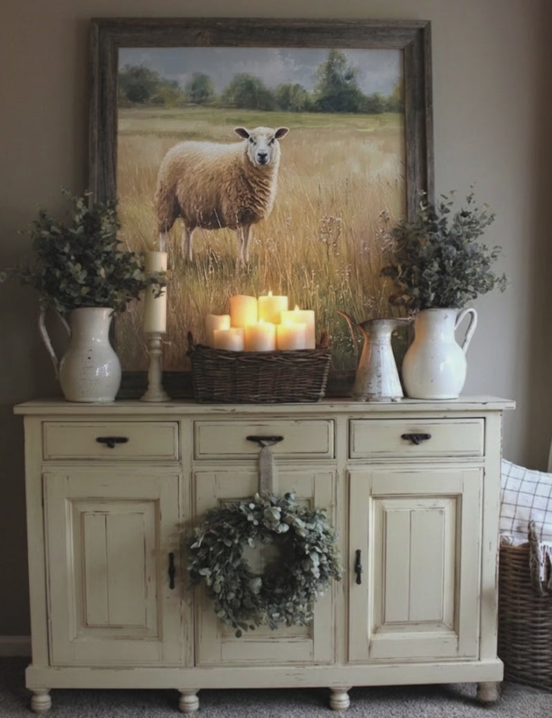 zoom video of sheep print in farmhouse vignette