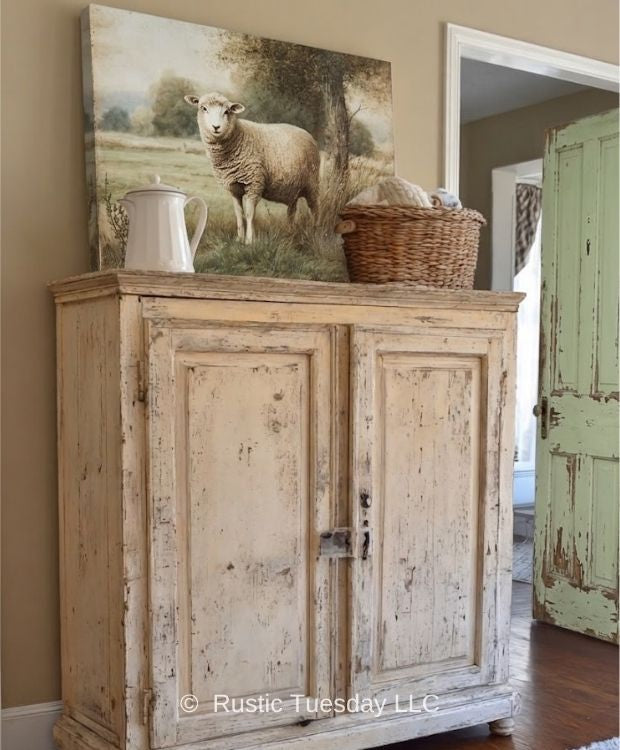 zoom video of chippy farmhouse scene with sheep print