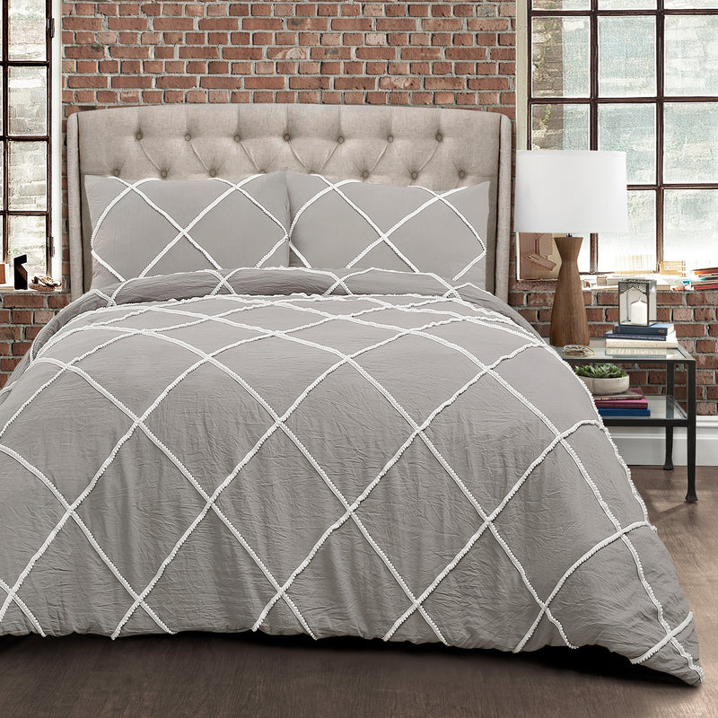 Diamond Pom Pom Comforter Gray 3Pc Set King