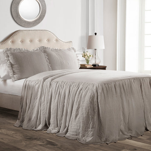 Ruffle Skirt Bedspread Gray 3Pc Set Full
