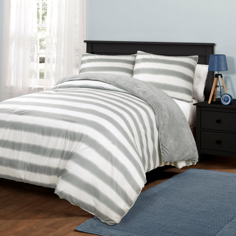 Plush Stripe Comforter Gray 3Pc Set Full/Queen