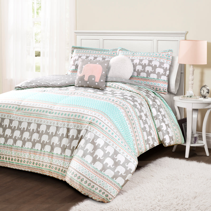 Elephant Stripe Comforter Turquoise/Pink 5Pc Set Full/Queen