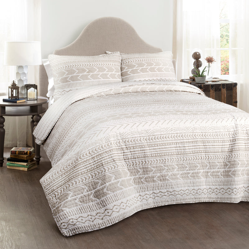 Hygge Geo Quilt Taupe/White 3Pc Set Full/Queen