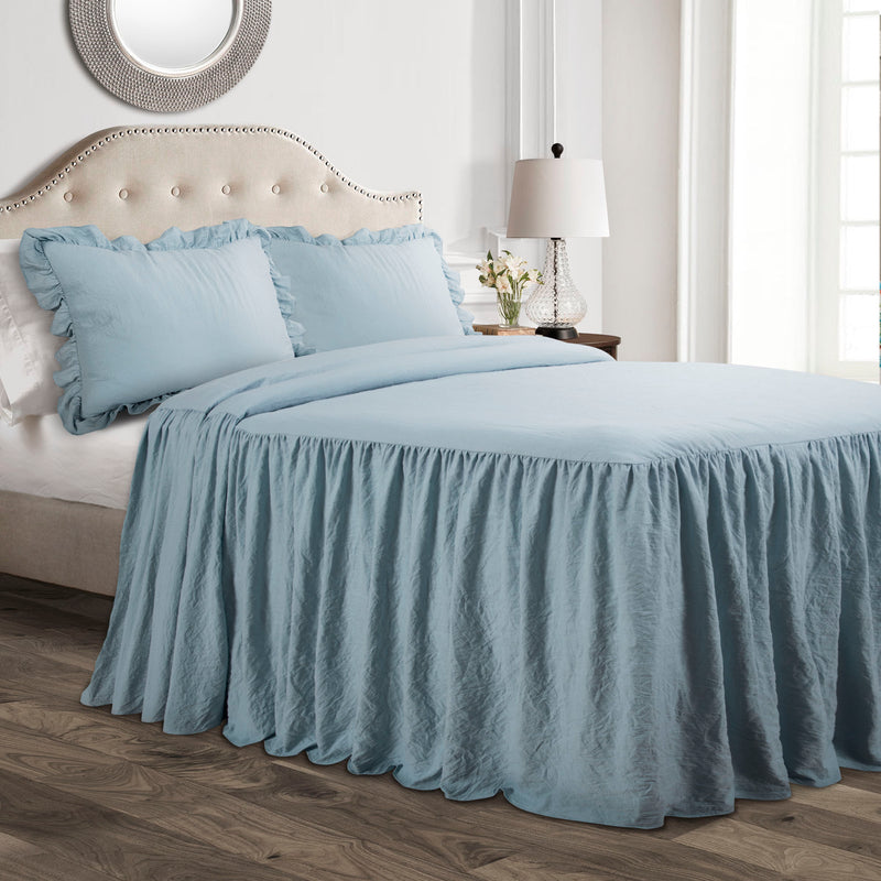 Ruffle Skirt Bedspread Lake Blue 3Pc Set Queen