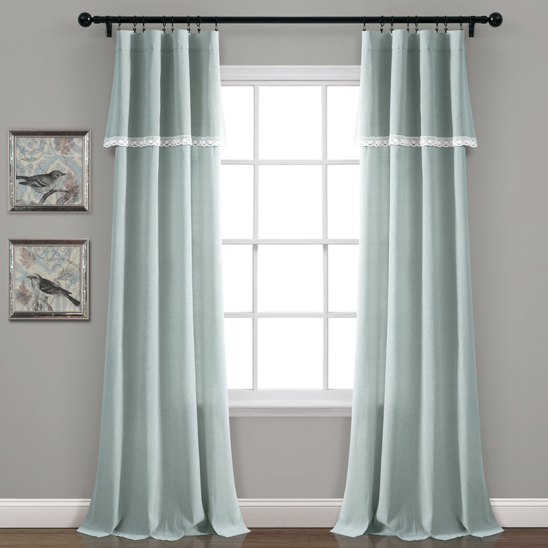 Linen Lace  Window Curtain Panels Blue Pair 38X84 Set