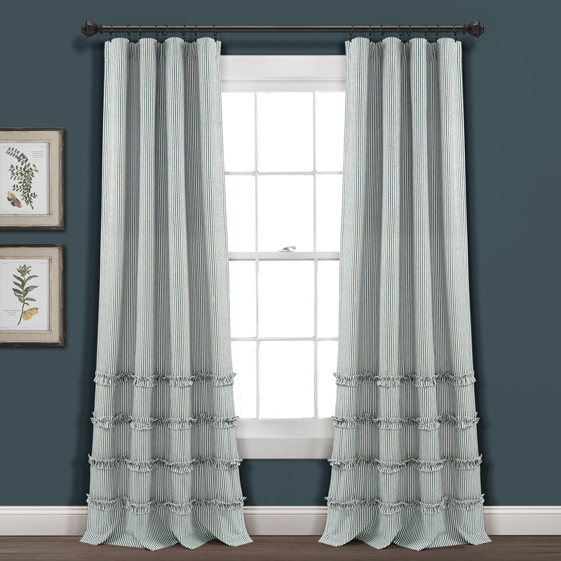 Vintage Stripe Yarn Dyed Cotton Window Curtain Panels Denim Blue 40X84 Set