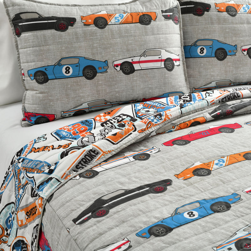 Race Cars Reversible Bedspread Blue/Orange 2Pc Set Twin/Twin XL