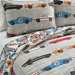 Race Cars Reversible Bedspread Blue/Orange 3Pc Set Full