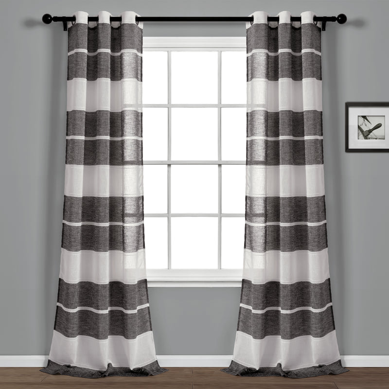 Textured Stripe Grommet Sheer Window Curtain Panels Black/White 38X84 Set