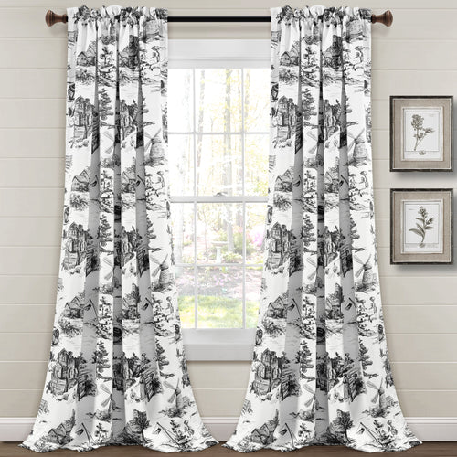 French Country Toile Room Darkening Window Curtain Panels White/Charcoal 52X84+2 Set