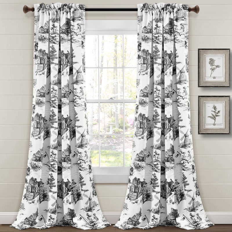 French Country Toile Room Darkening Window Curtain Panels White/Charcoal 52X95+2 Set