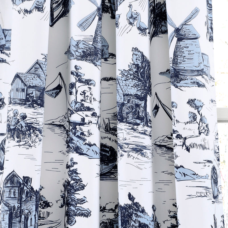 French Country Toile Room Darkening Window Curtain Panels White/Blue 52X95+2 Set