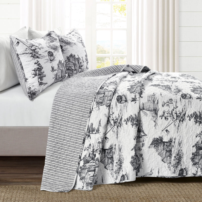 French Country Toile Cotton Reversible Quilt White/Charcoal 3Pc Set Full/Queen