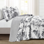French Country Toile Cotton Reversible Quilt White/Charcoal 3Pc Set King