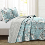French Country Toile Cotton Reversible Quilt Blue/White 3Pc Set Full/Queen