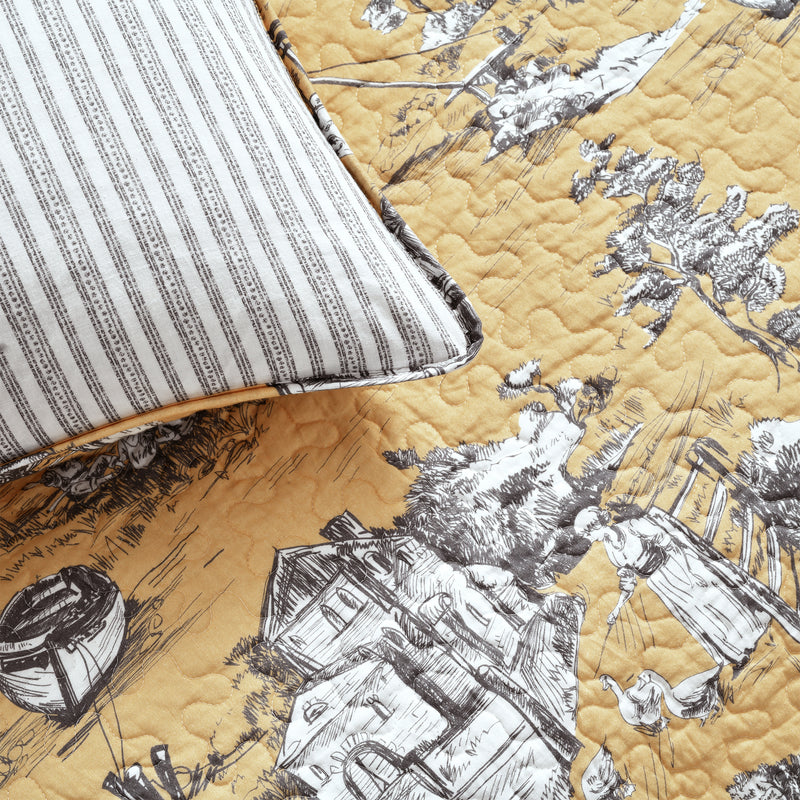 French Country Toile Cotton Reversible Quilt Yellow/Gray 3Pc Set Full/Queen