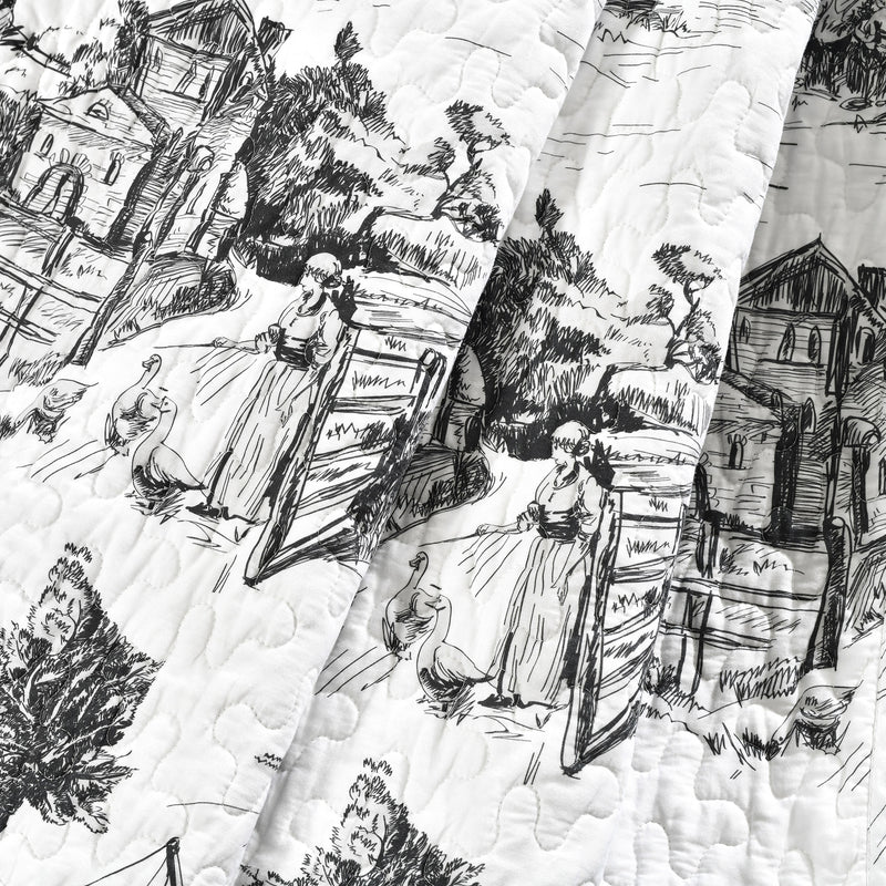 French Country Toile Cotton Reversible Throw White/Charcoal Single 50X60