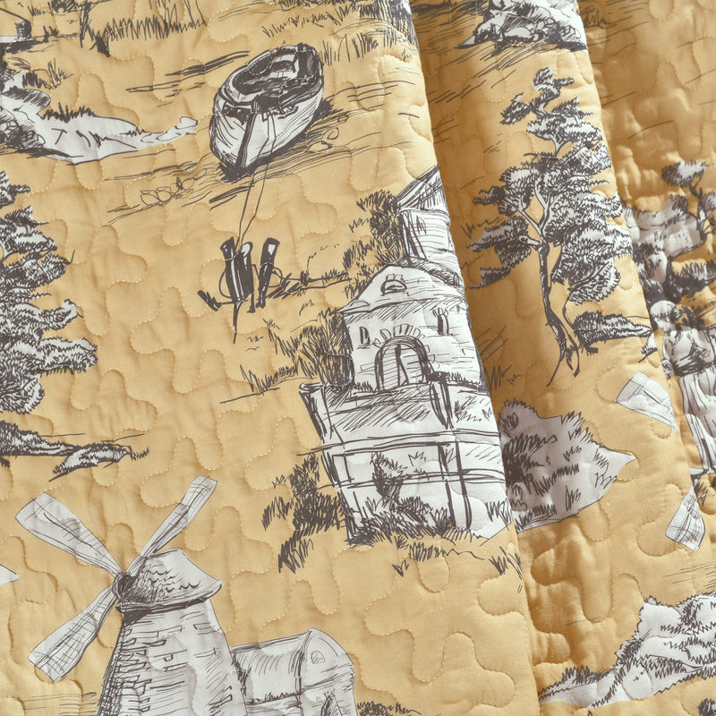 French Country Toile Cotton Reversible Throw Yellow/Gray Single 50X60