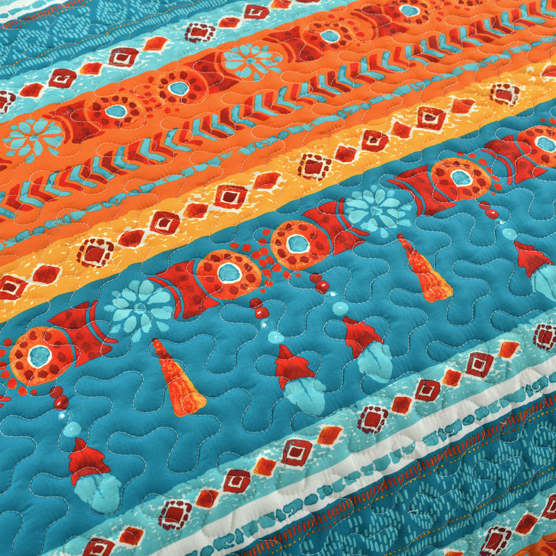 Boho Watercolor Border Quilt Turquoise/Multi 3Pc Set King
