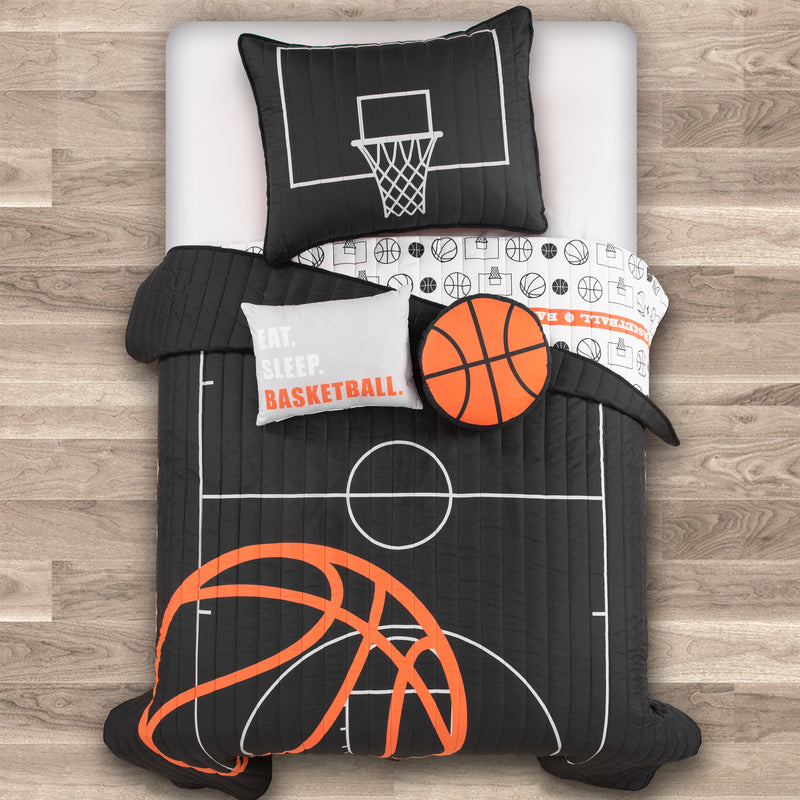 Basketball Game Quilt Black/Orange 4Pc Set Twin