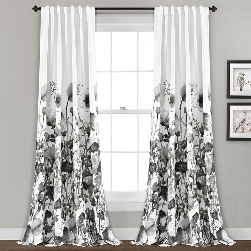 Zuri Flora Room Darkening Window Curtain Panels White/Black 52X84 Set