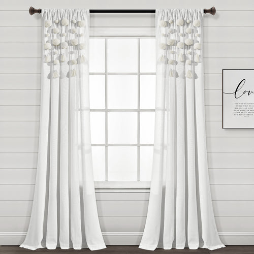 Boho Pom Pom Tassel Linen Window Curtain Panel Off White Single 52x84