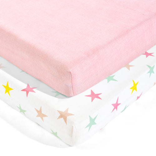 Unicorn Heart Rainbow Star Organic Cotton Fitted Crib Sheet Multi 2Pk 28x52x9