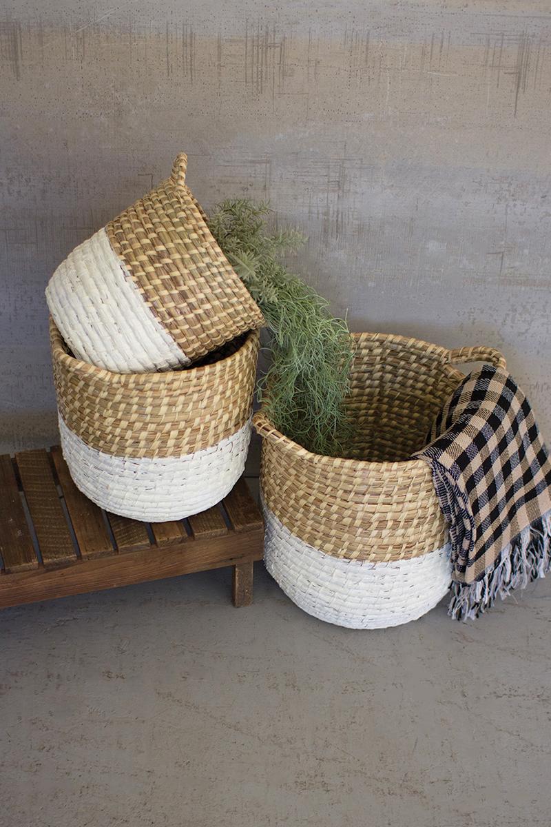 SET OF THREE WHITE DIPPED SEAGRASS HAMPERS WITH HANDLES