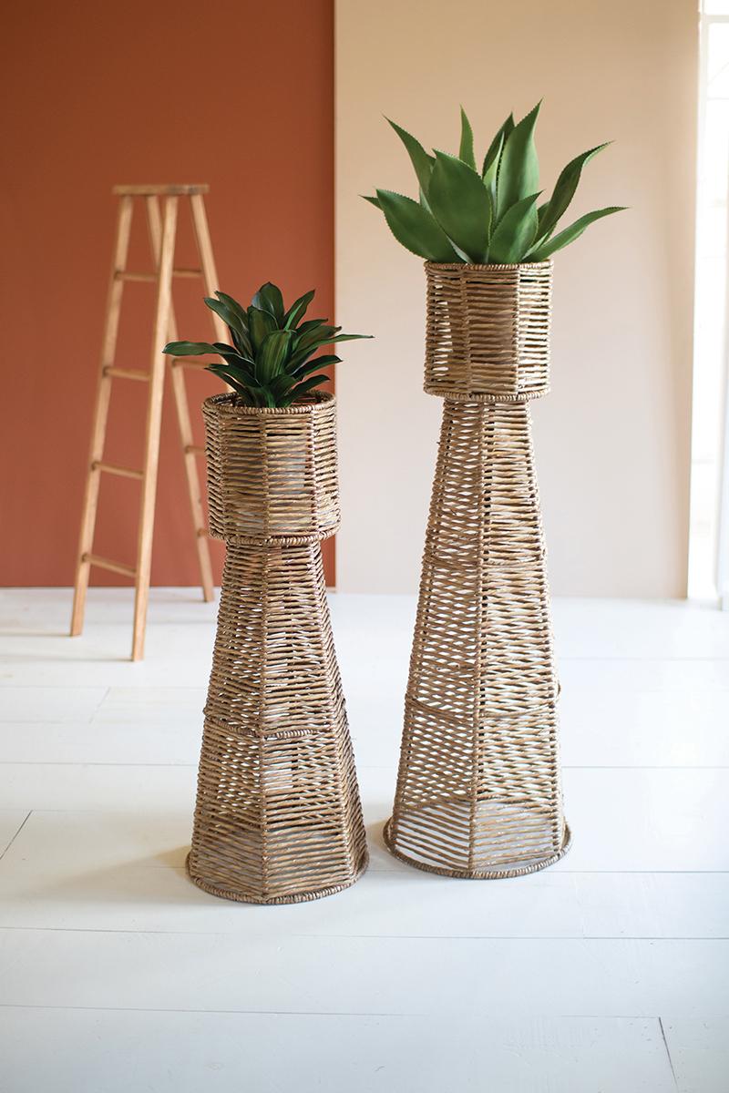 SET OF TWO SEAGRASS AND IRON PLANTER TOWERS