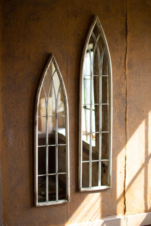 SET OF TWO TALL METAL PAINTED IRON CHURCH MIRRORS