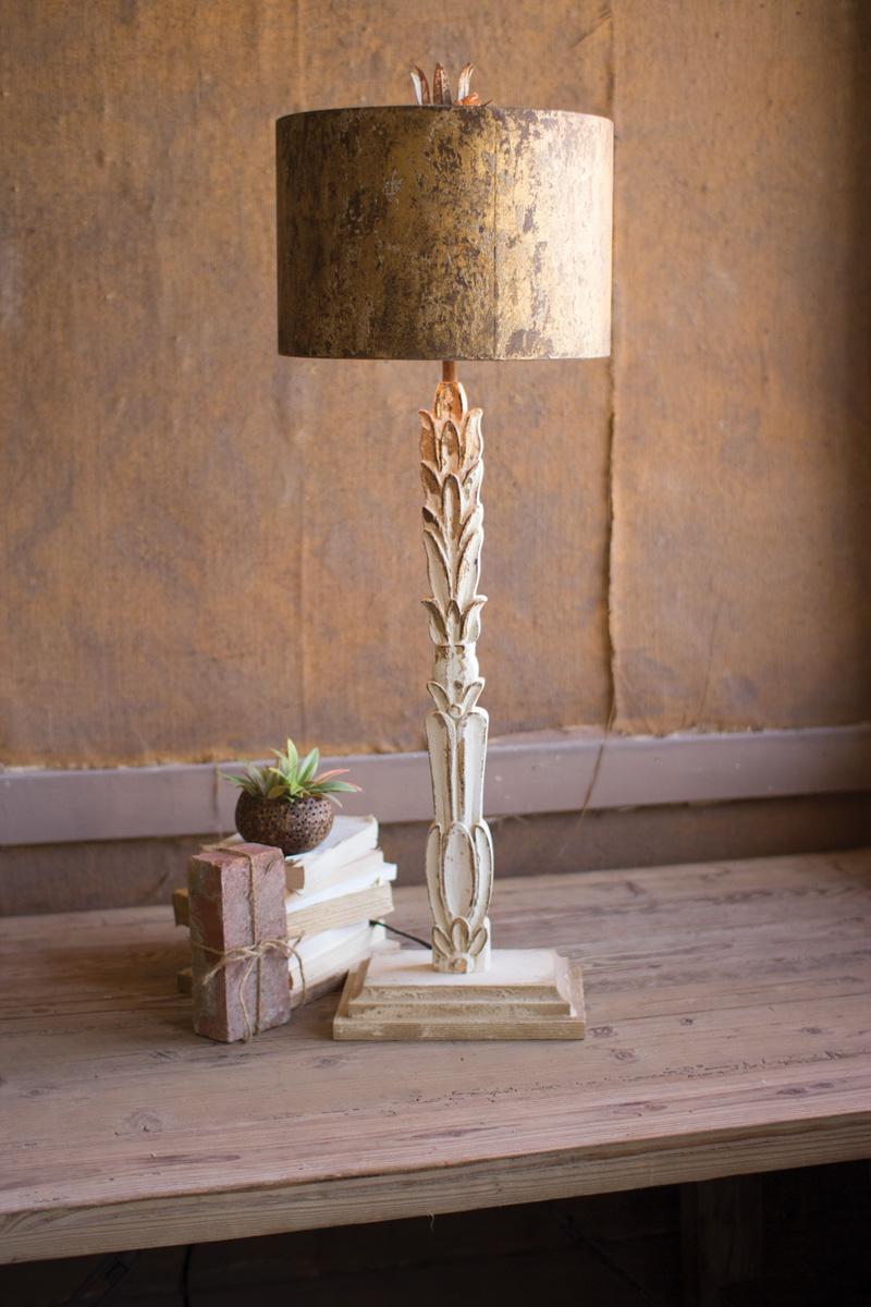 TABLE LAMP - CARVED WOODEN BASE WITH RUSTIC METAL SHADE