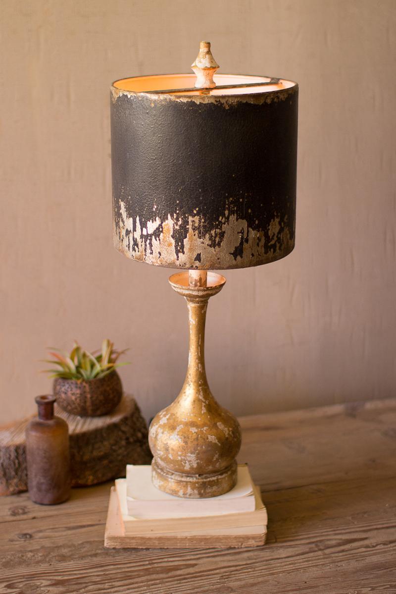 TABLE LAMP - ROUND WOODEN BASE W BLACK & GOLD METAL SHADE