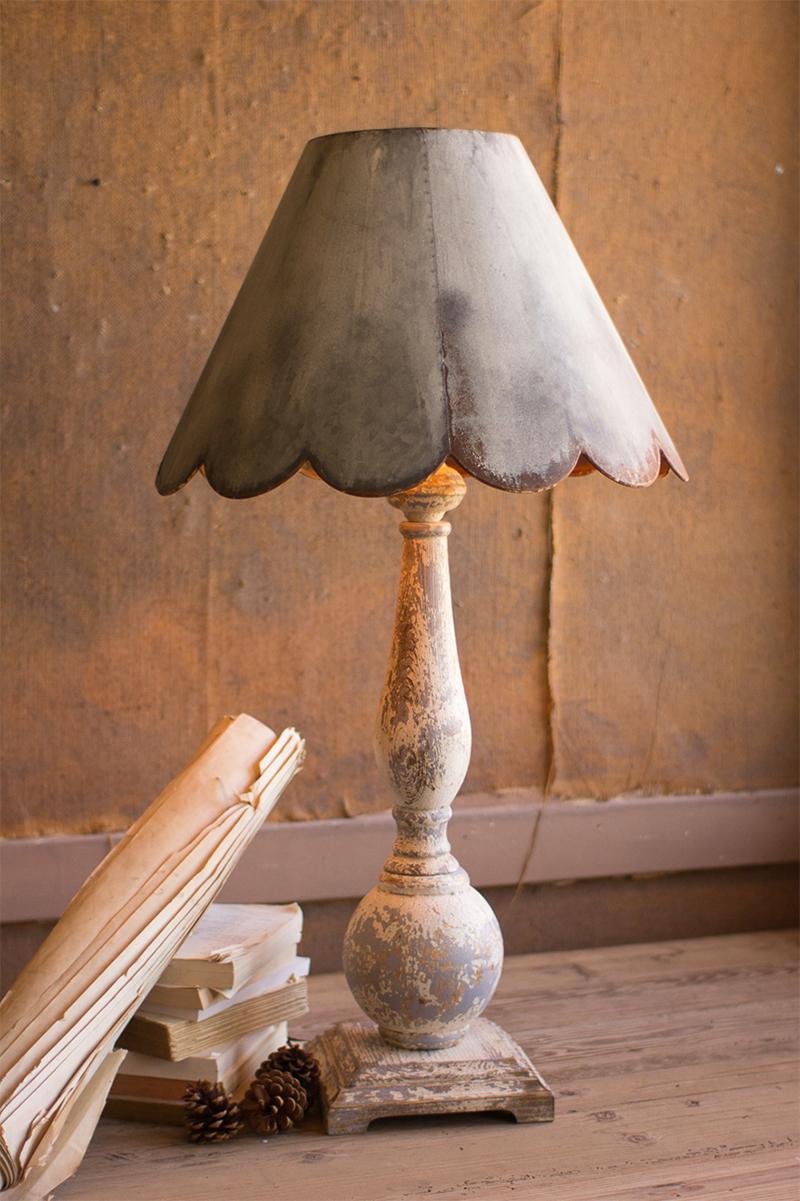 TABLE LAMP - WOOD BASE WITH RUSTIC SCALLOPED METAL SHADE