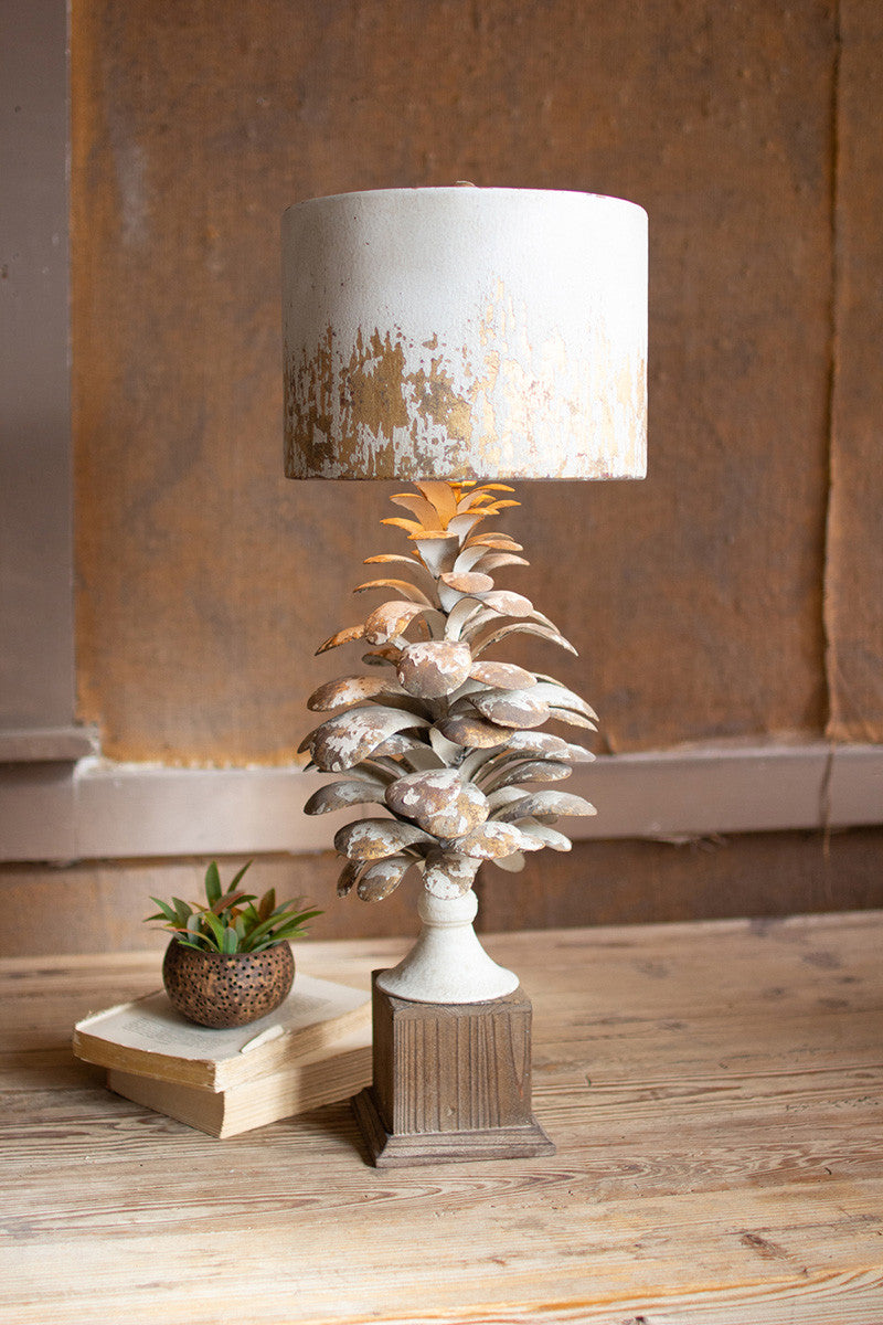 TABLE LAMP WITH PINE CONE BASE AND METAL BARREL SHADE