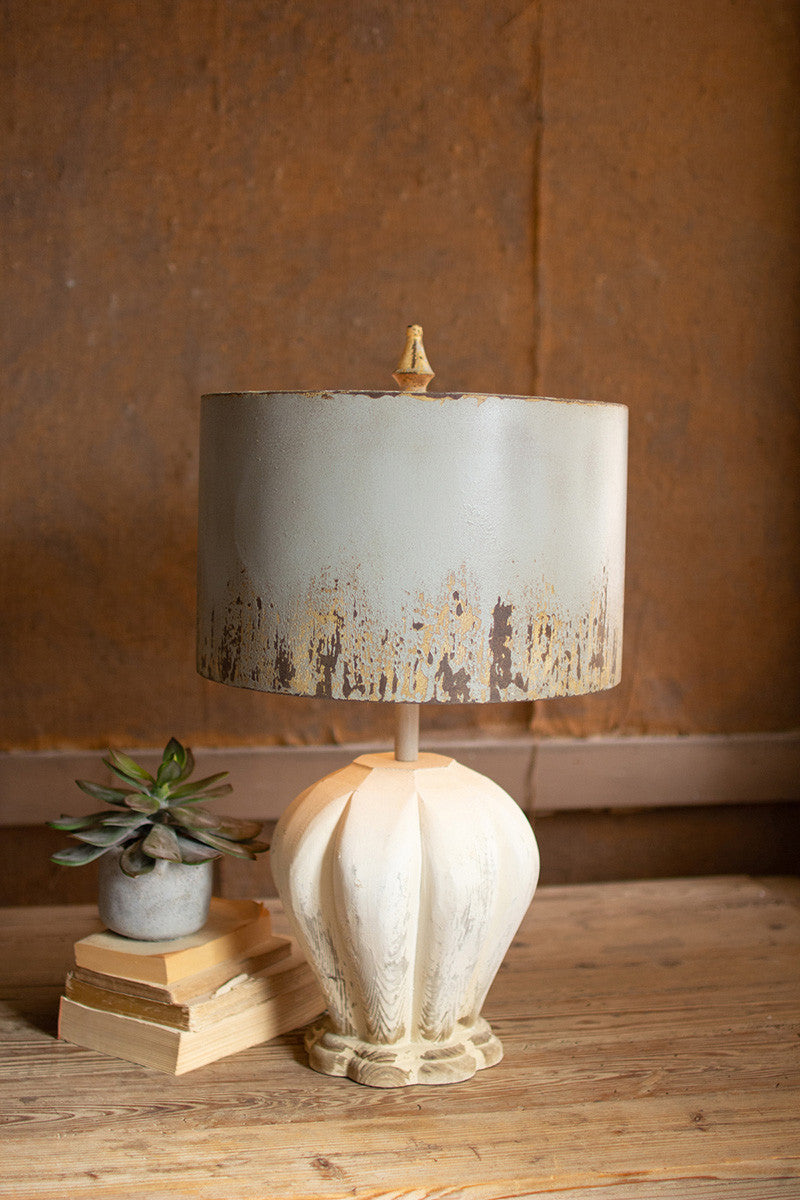 TABLE LAMP WITH PAINTED WOODEN BASE & GREY METAL BARREL SHADE