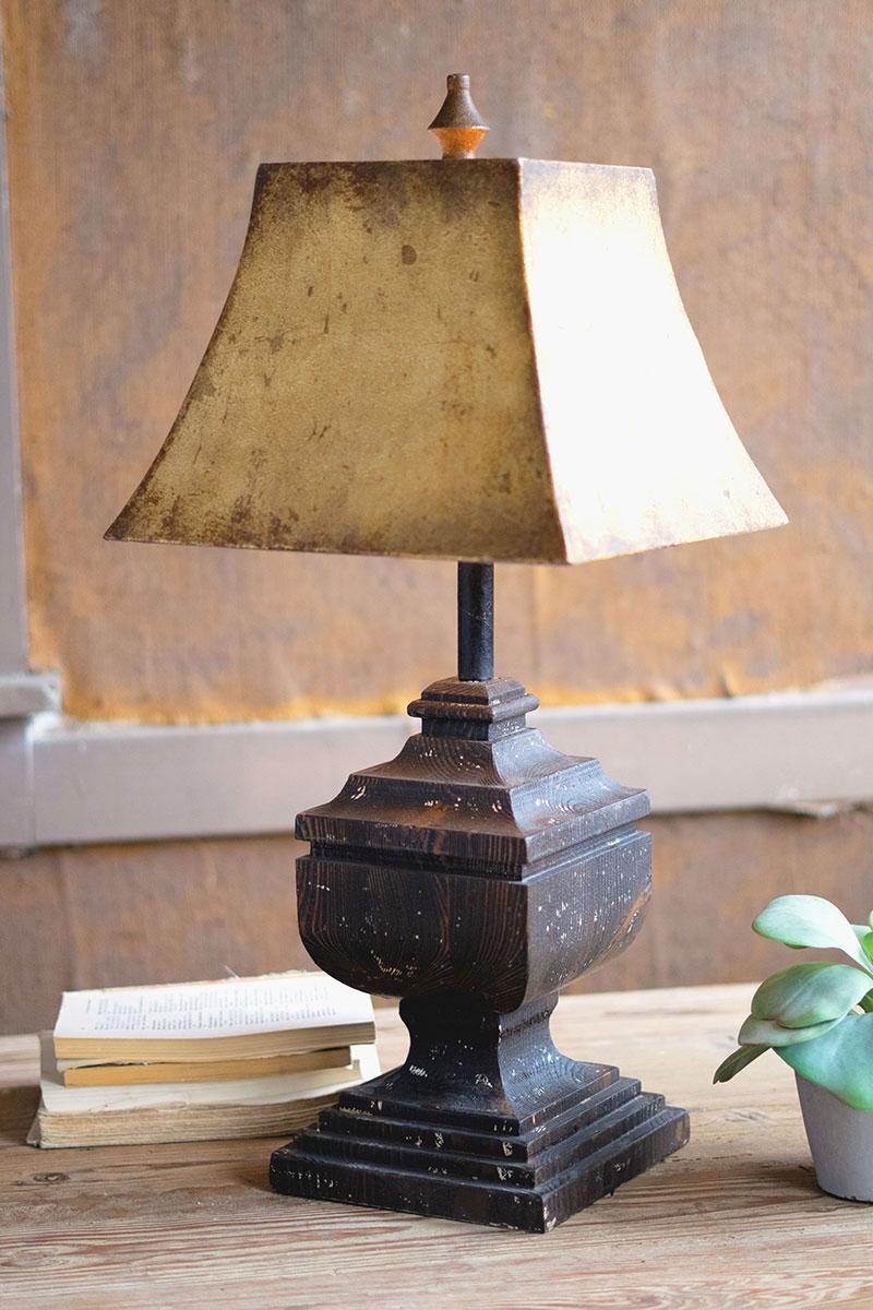 BLACK WOODEN TABLE LAMP WITH ANTIQUE GOLD METAL SHADE