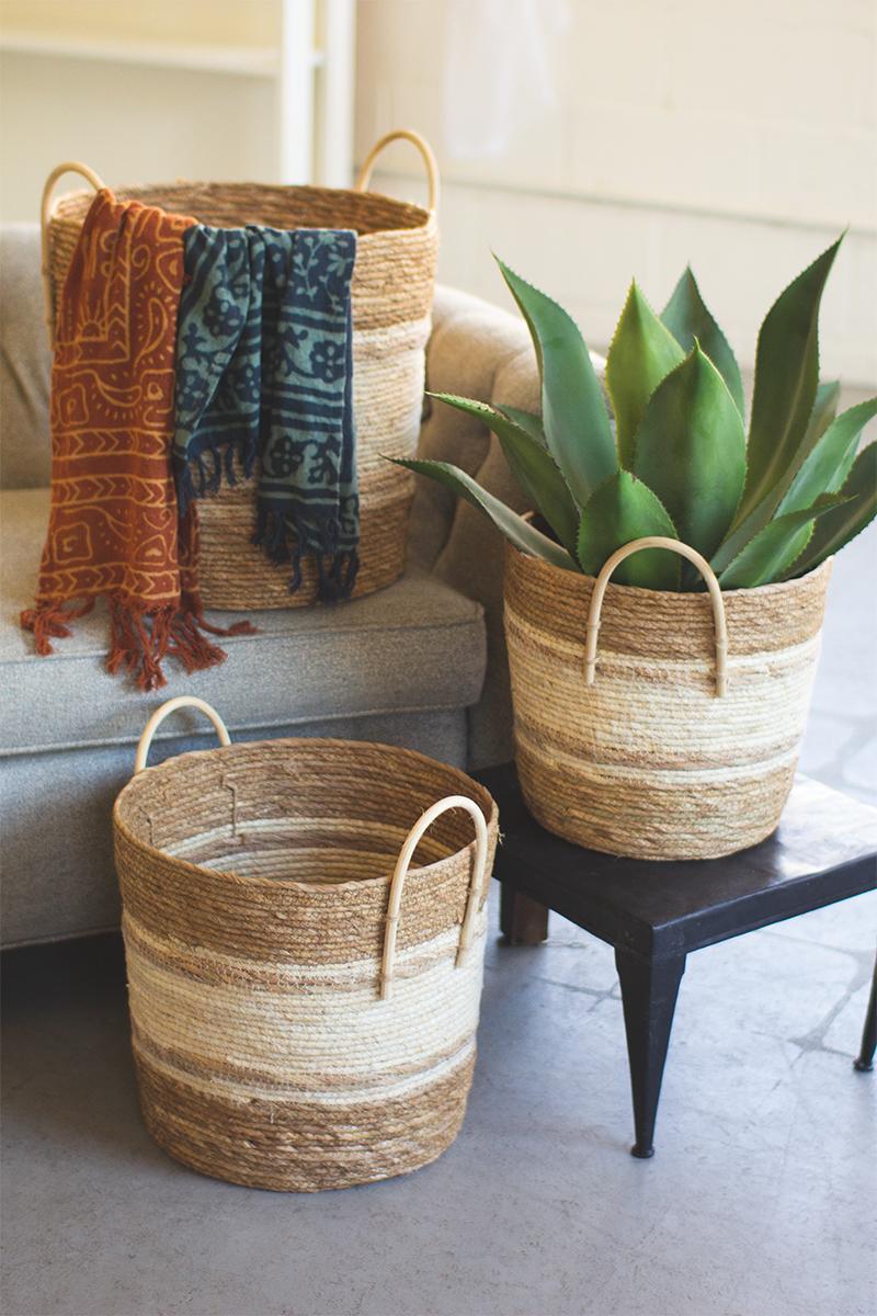 SET OF THREE ROUND BASKETS - TWO TONED NATURAL