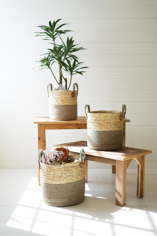 SET 3 WOVEN ROUND SEAGRASS BASKETS W BROWN BASE AND HANDLES