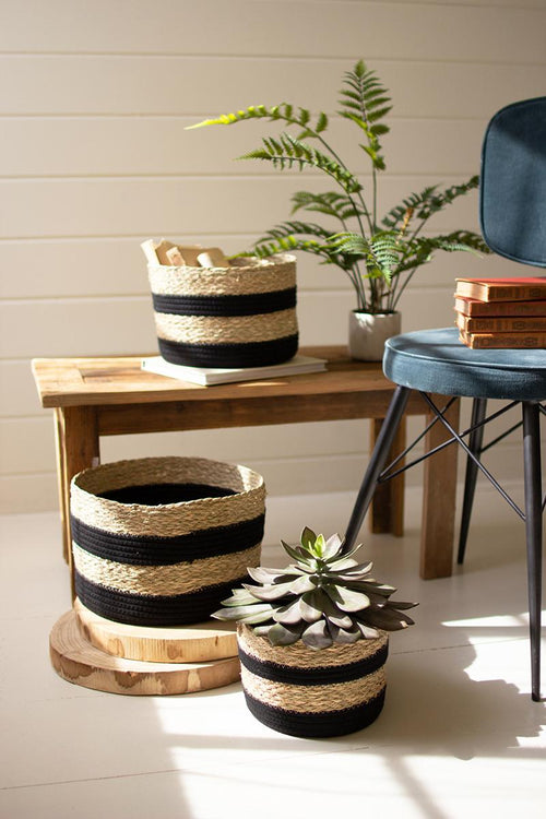 SET OF THREE ROUND SEAGRASS BASKETS - BLACK AND NATURAL