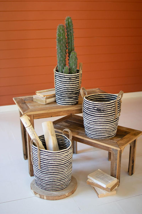 SET 3 TALL BASKETS WITH HANDLES - BLACK AND NATURAL STRIPES