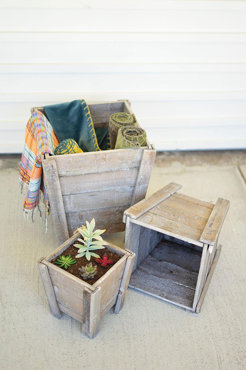 SET OF THREE SQUARE RECYCLED WOOD PLANTERS - NATURAL