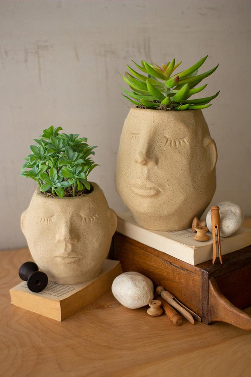 SET OF TWO CERAMIC FACE PLANTERS