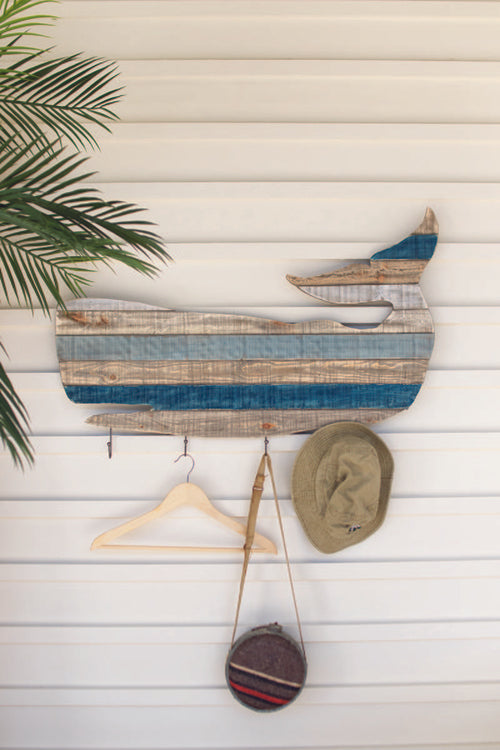 PAINTED RECYCLED WOOD WHALE COAT RACK