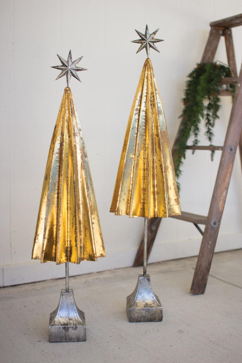 SET OF TWO FOLDED GOLD METAL TREES WITH SILVER STAR